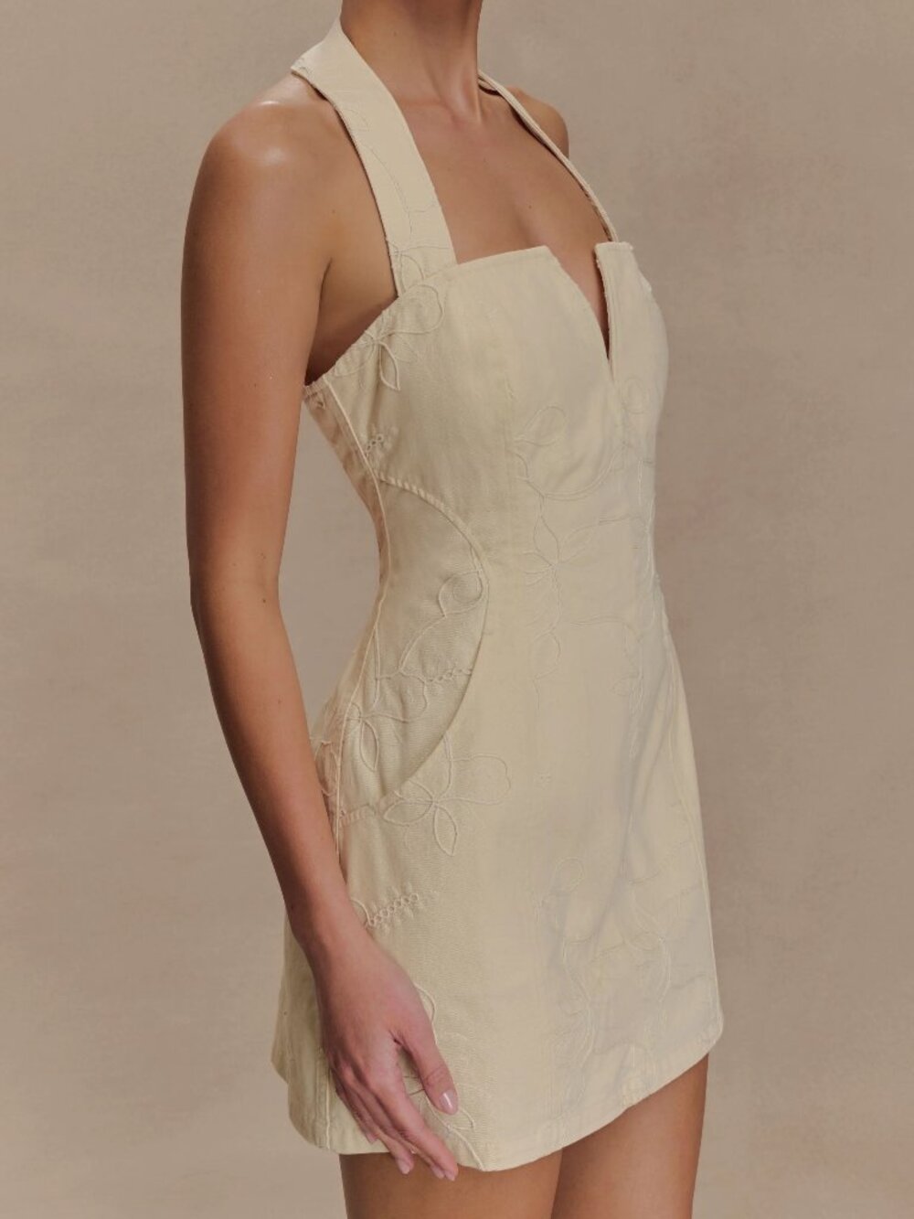 Meshki Ebony Embroidered Denim Mini Dress - Cream (NWT)